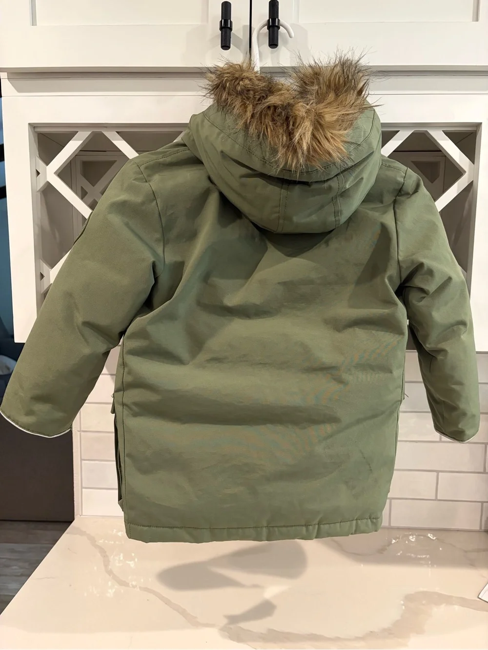 GAP Olive Green Kids Puffer Parka with Faux Fur Hood XS